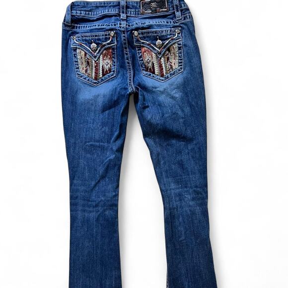 Miss Me Chloe Slim Boot Jeans Womens 27 Blue Embellished Pocket 32” Inseam - Picture 2 of 8